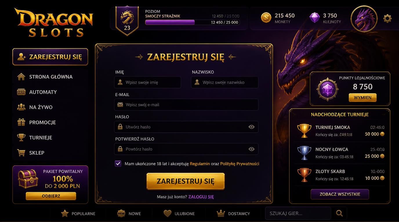 Interfejs rejestracji z motywem turniejów i poziomów