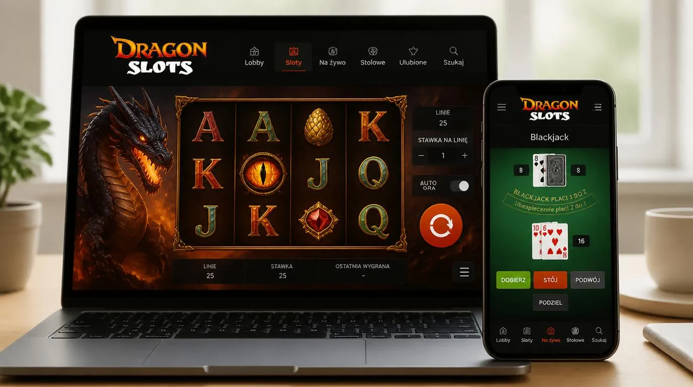 Slot na laptopie i gra stołowa na telefonie z czytelnymi przyciskami oraz menu