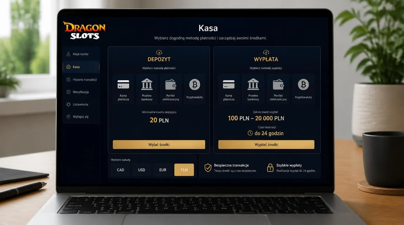 Ekran kasjera z wyborem PLN, kartą, przelewem i kryptowalutami oraz progami wpłaty i wypłaty