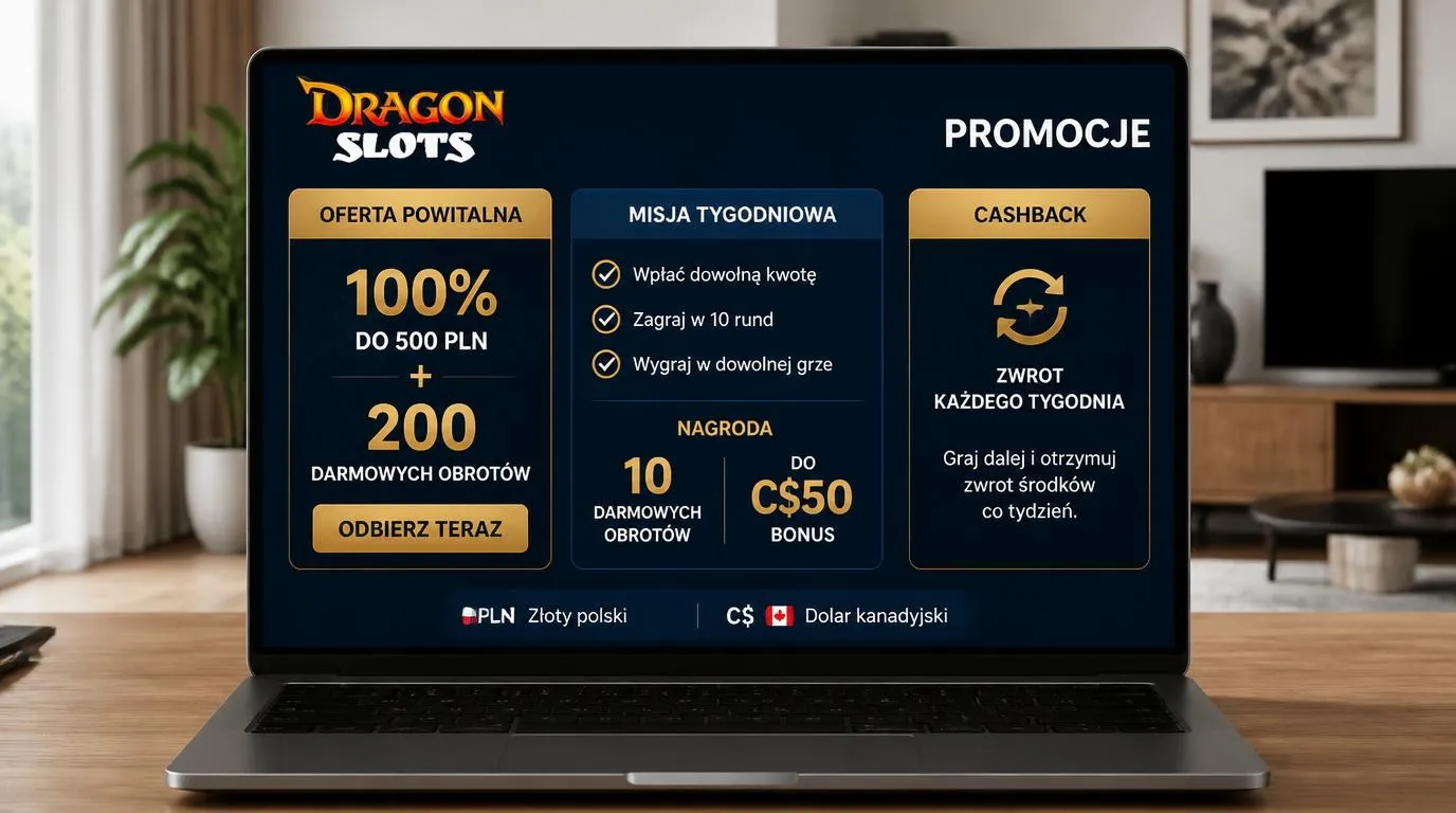Ekran promocji kasyna z trzema zadaniami tygodniowymi, nagrodą w darmowych spinach i panelem cashbacku